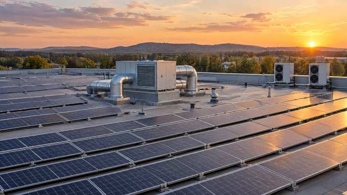 Flachdach einer Gewerbehalle mit Photovoltaik, Lüftungsgerät und Wärmepumpen (Visualisierung)