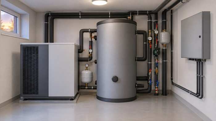 Technikraum mit Wärmepumpe und Pufferspeicher im Keller eines Mehrfamilienhauses (Visualisierung)