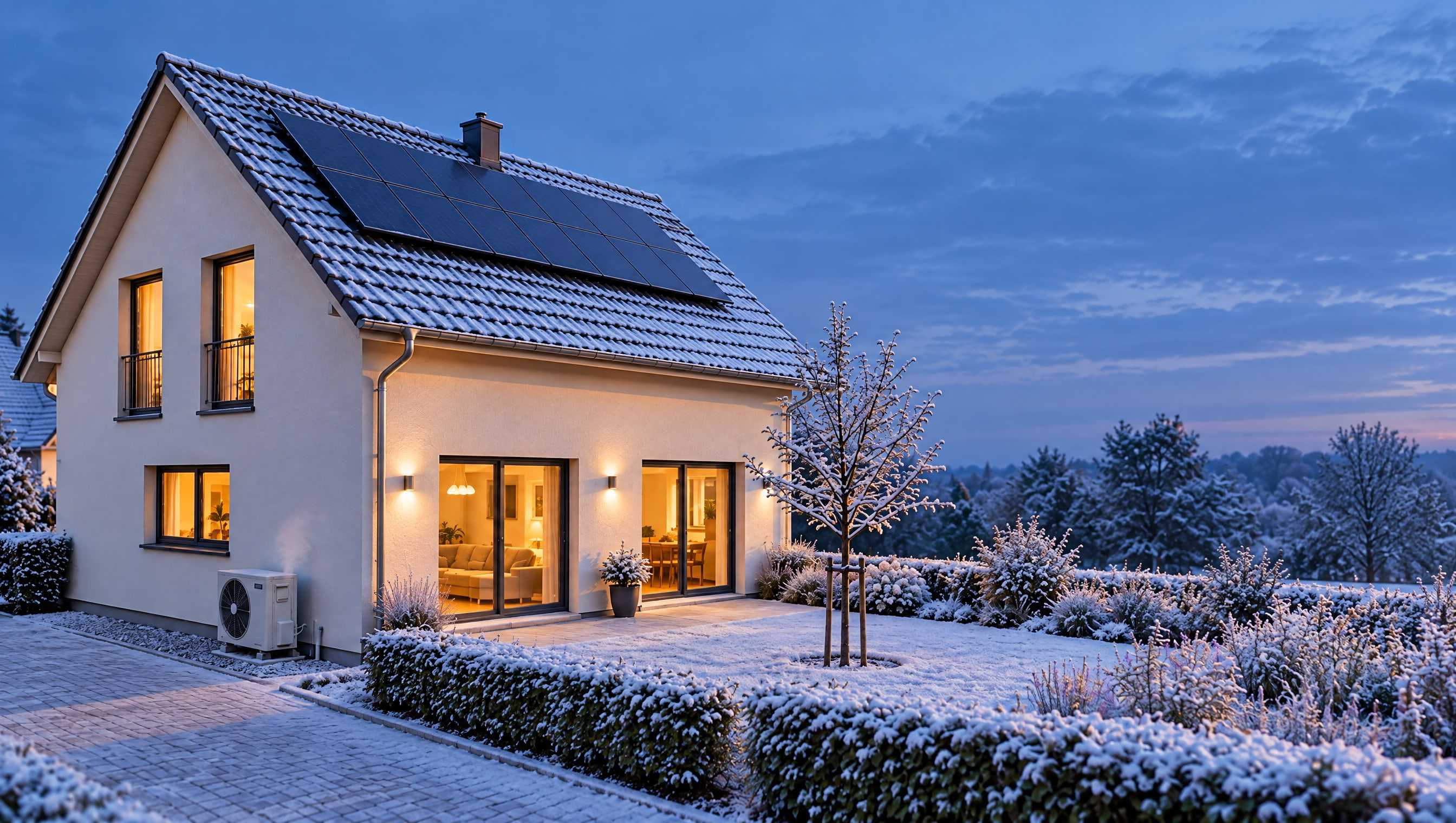Einfamilienhaus mit Photovoltaik auf dem Dach und Wärmepumpe an der Giebelseite (Visualisierung)