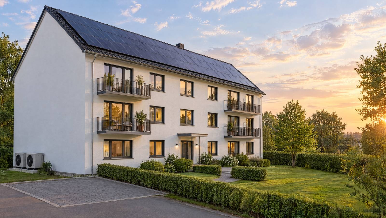 Mehrfamilienhaus mit Photovoltaik auf dem Dach und Wärmepumpen an der Giebelseite (Visualisierung)