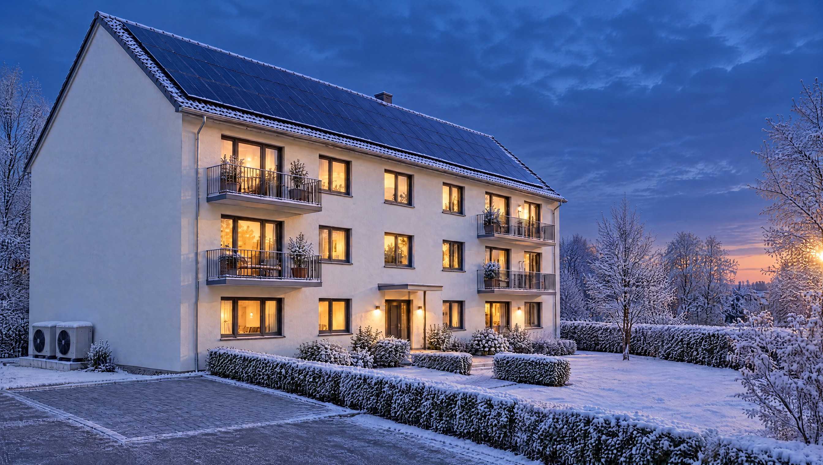 Mehrfamilienhaus mit Photovoltaik auf dem Dach und Wärmepumpen an der Giebelseite (Visualisierung)